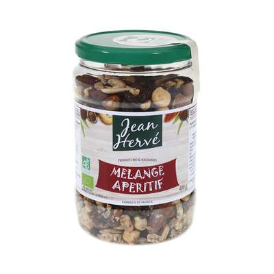 Mélange apéritif (noisette, amande, arachide, raisin sec, tournesol, sel) BIO, Jean Hervé (400 g)