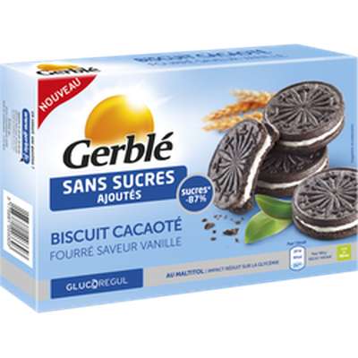Biscuits cacaotés fourrés saveur vanille sans sucre ajouté, Gerblé (176 g)