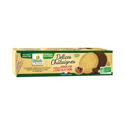 Délices d'épeautre aux châtaignes nappées de chocolat BIO, Moulin des Moines (175 g)