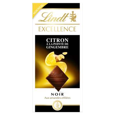 Chocolat noir amandes, citron et pointe de gingembre, Lindt (100 g)