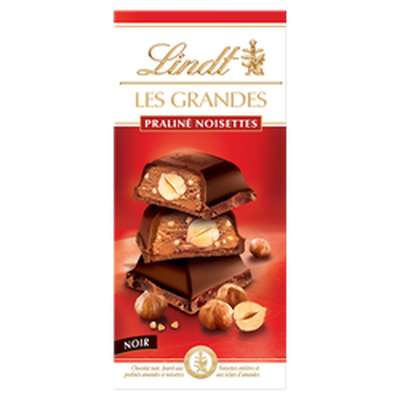 Chocolat noir fourré aux praliné amandes, noisettes entières, et aux éclats d'amandes, Lindt (225 g)
