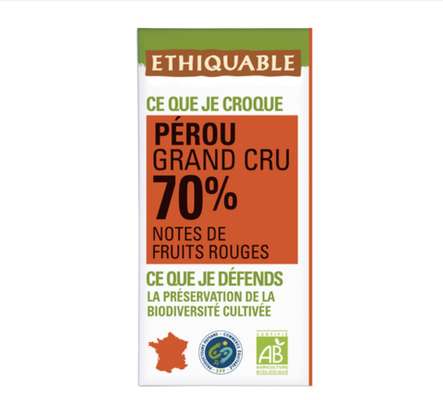 Chocolat noir 70% Pérou BIO, Ethiquable (100 g)