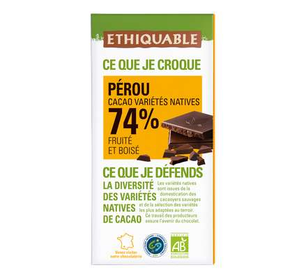 Chocolat noir 74% cacao Pérou BIO, Ethiquable (100 g)
