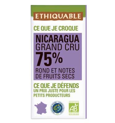 Chocolat noir 75% Nicaragua BIO, Ethiquable (100 g)