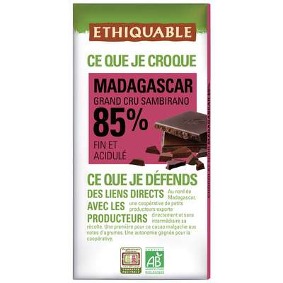 Chocolat 85% fin acidulé Madagascar BIO, Ethiquable (100 g)