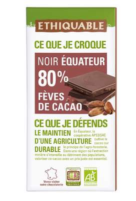 Chocolat noir 80% fèves de cacao d'Equateur BIO, Ethiquable (100 g)