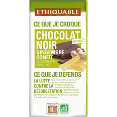 Chocolat noir et gingembre confit BIO, Ethiquable (100 g)