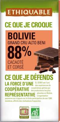 Chocolat noir 88% cacao de Bolivie BIO, Ethiquable (100 g)