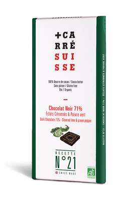 Chocolat noir 71% éclats citronnés et  poivre vert BIO - Recette n°21, Carré Suisse (100 g)