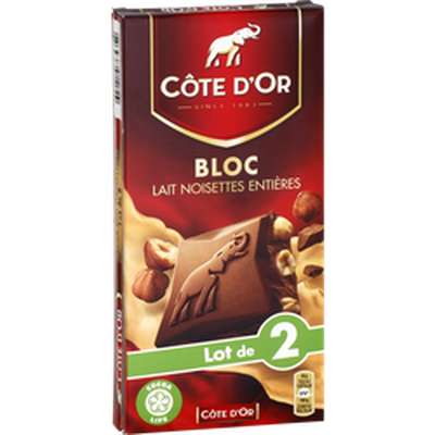 Chocolat au lait noisettes entières, Côte d'Or (2 x 180 g)