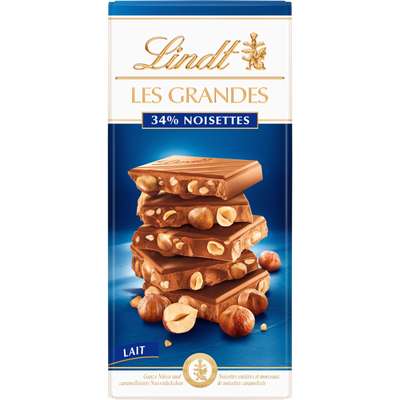 Chocolat Les Grandes au lait 34% noisettes, Lindt (150 g)