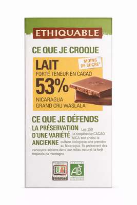 Chocolat lait 53% Nicaragua BIO, Ethiquable (100 g)