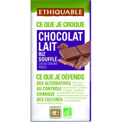 Chocolat au lait et riz soufflé BIO, Ethiquable (100 g)