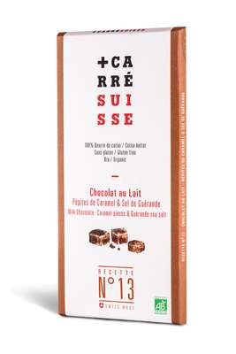 Chocolat au lait aux pépites de caramel & sel de Guérande BIO - Recette n°13, Carré Suisse (100 g)