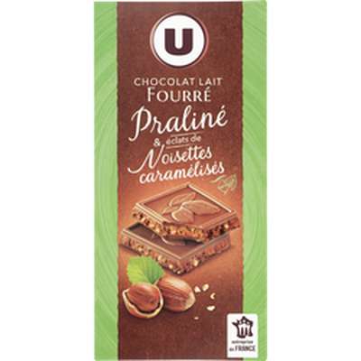 Chocolat au lait fourré praliné et éclats de noisettes caramélisés, U (150 g)
