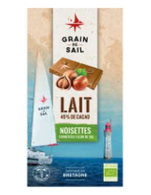 Chocolat lait noisettes torrefiées fleur de sel BIO, Grain de sail (100 g)