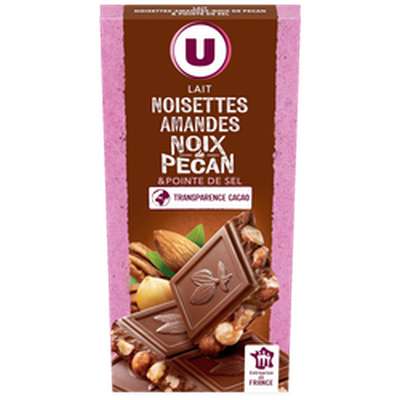 Tablette au chocolat au lait aux amandes, noisettes et noix de pécan et pointe de sel, U (200 g)