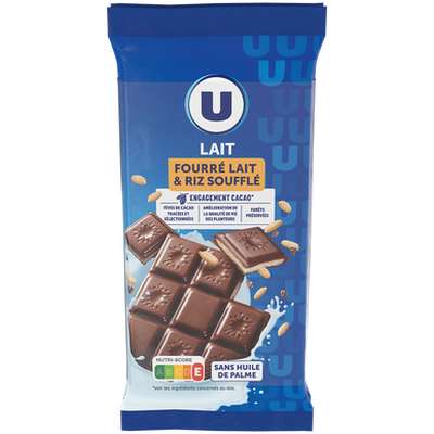 Chocolat au lait fourré riz soufflé, U (2 x 100 g)