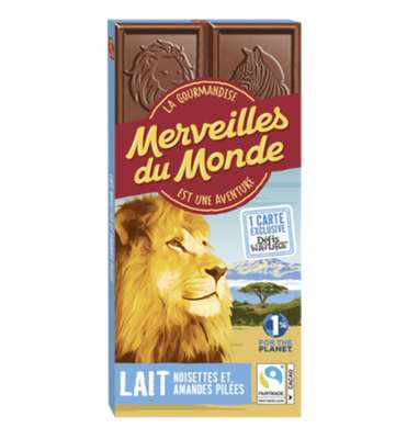 Tablette de chocolat au lait aux noisettes et amandes pilées, Merveilles Du Monde (100 g)