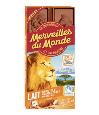 Tablette de chocolat au lait, noisettes amandes et pointe de sel, Merveilles Du Monde  (100 g)