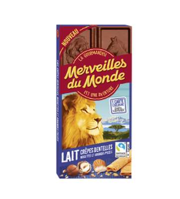 Chocolat au lait et crêpes dentelles, Merveilles Du Monde (100 g)