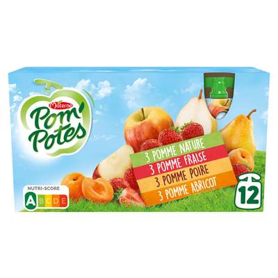Pom'Potes multivarieté pomme nature, fraise, poire, abricot, Materne (12 x 90 g)