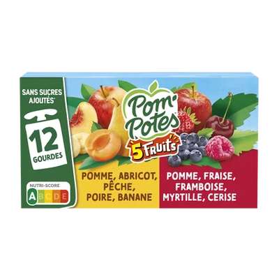 Gourdes 5 fruits rouges/5 fruits jaunes sans sucres ajoutés, Pom'Potes (12 x 90 g)