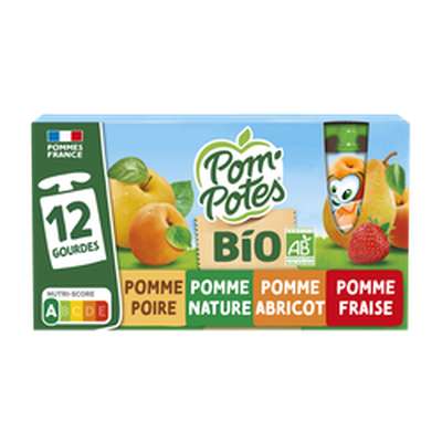 Gourdes pomme, pomme/poire, abricot et fraise BIO, Pom'Potes (12 x 90 g)