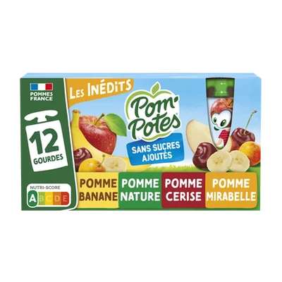Les Inédits pomme, pomme/banane,cerise et mirabelle sans sucres ajoutés, Pom'Potes (12 x 90 g)