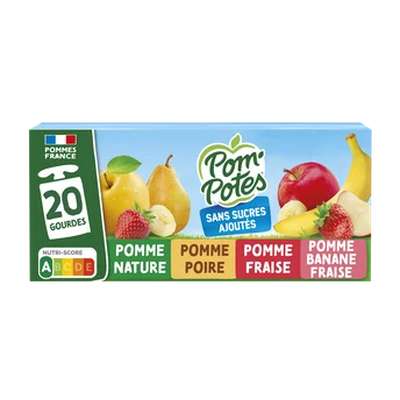 Gourdes pomme, pomme/poire, fraise et banane/fraise sans sucres ajoutés, Pom'Potes (20 x 90 g)