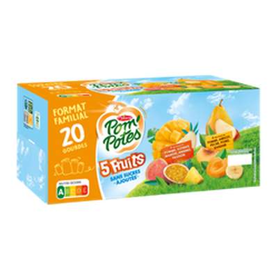 Pom'Potes 5 fruits jaunes/exotique sans sucres ajoutés, Materne (20 x 90 g)