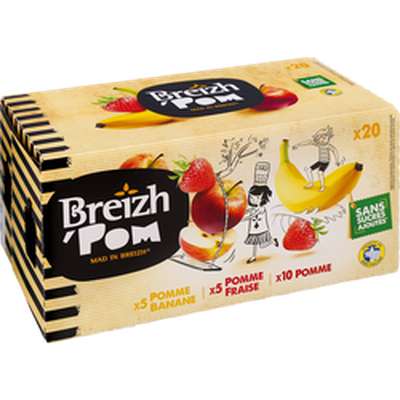 Gourdes fruits allégée pomme/pomme fraise/pomme et banane, Breizh'Pom (20 x 90 g)