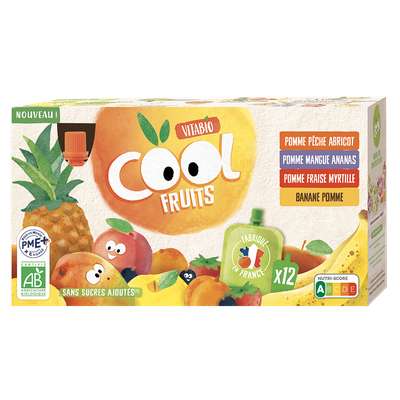 Gourdes Cool Fruits - Fraise Abricot Banane Mangue  BIO, Vitabio (12 x 90 g)
