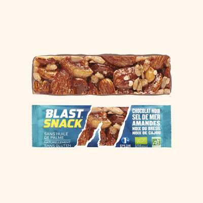 Barre Chocolat Noir, Amandes et sel de Mer BIO, Blast Snack (40 g)