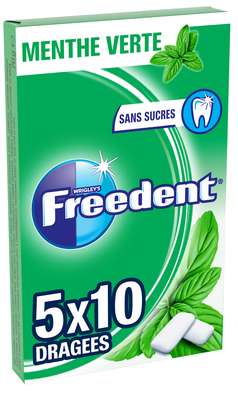 Chewing gum dragée Menthe verte sans sucre, Freedent (5 étuis de 10 dragées)