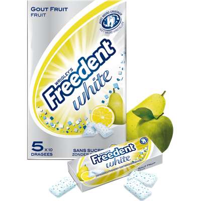 Chewing-gum dragée aux fruits sans sucre, Freedent White (5 étuis de 10 dragées)
