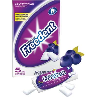 Chewing-gum dragée Myrtille sans sucre, Freedent (5 étuis de 10 dragées)