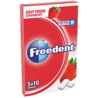 Chewing-gum sans sucre goût fraise,  Freedent  (5x10 dragées)