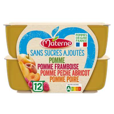 Compote assortiment pomme poire framboise pêche et abricot sans sucres ajoutés, Materne (12 x 100 g)