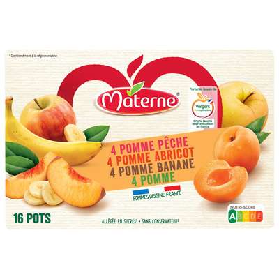 Compotes panaché 4 parfums allégé en sucres et sans conservateur, Materne (x 16)