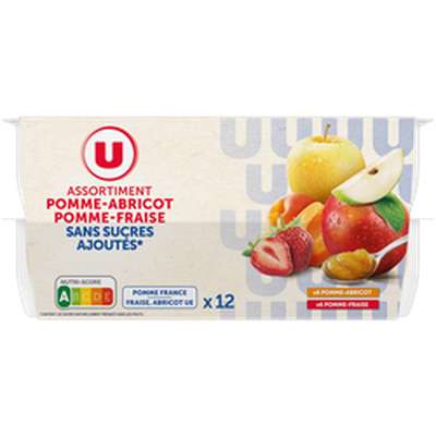 Compote assortiment pomme abricot et pomme fraise sans sucres ajoutés, U (12 x 100 g)