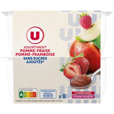 Purée de pommes, fraises et pommes, framboises sans sucres ajoutés, U (8 x 100 g)