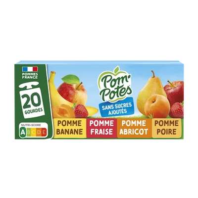 Gourdes pomme/banane, fraise, abricot, poire sans sucres ajoutés, Pom'Potes (20 x 90 g)