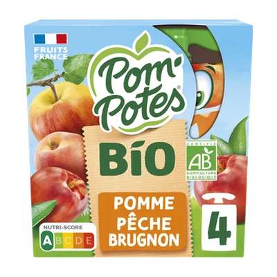 Gourdes pomme et pêche/brugnon sans sucres ajoutés BIO, Pom'Potes (4 x 90 g)