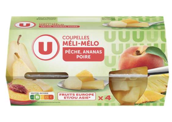 Coupelles Méli mélo de fruits à la pêche, poire et ananas, U (x 4, 260 g)