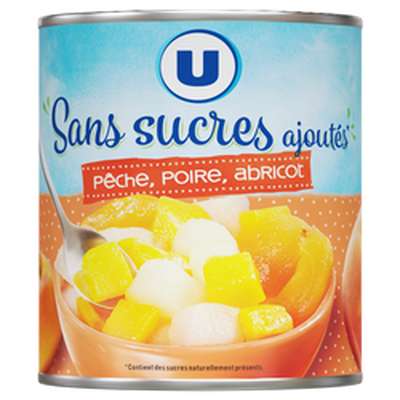 Mélange fruits sans sucre ajoutés de pêches, poires, abricots au sirop, U (475 g)