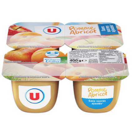 Compote pomme abricot sans sucres ajoutés, U (4 x 100 g)