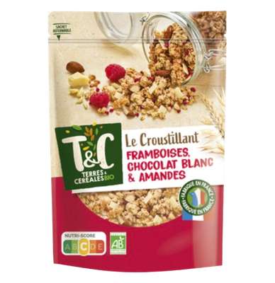 Céréales croustillantes framboises amandes chocolat blanc BIO, Terre et céréales (375 g)