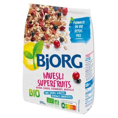 Muesli Superfruits cassis/myrtilles/cranberries/raisins BIO, Bjorg (375 g)
