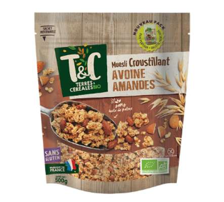 Muesli croustillant avoine amandes sans gluten BIO, Terres et céréales (500 g)